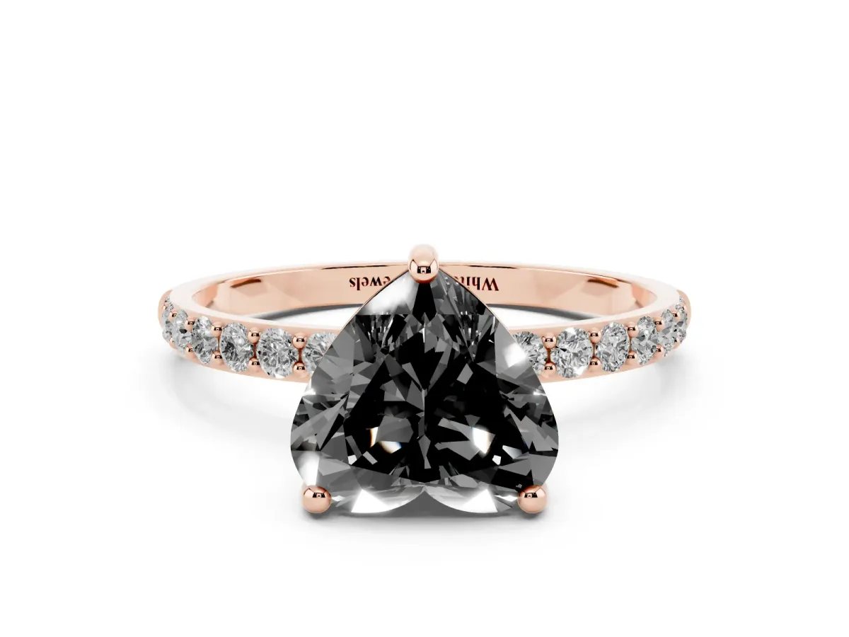 Fancy Black Heart Cut Diamond Solitaire Ring with Round Pavé Band and Prong Setting Rose gold