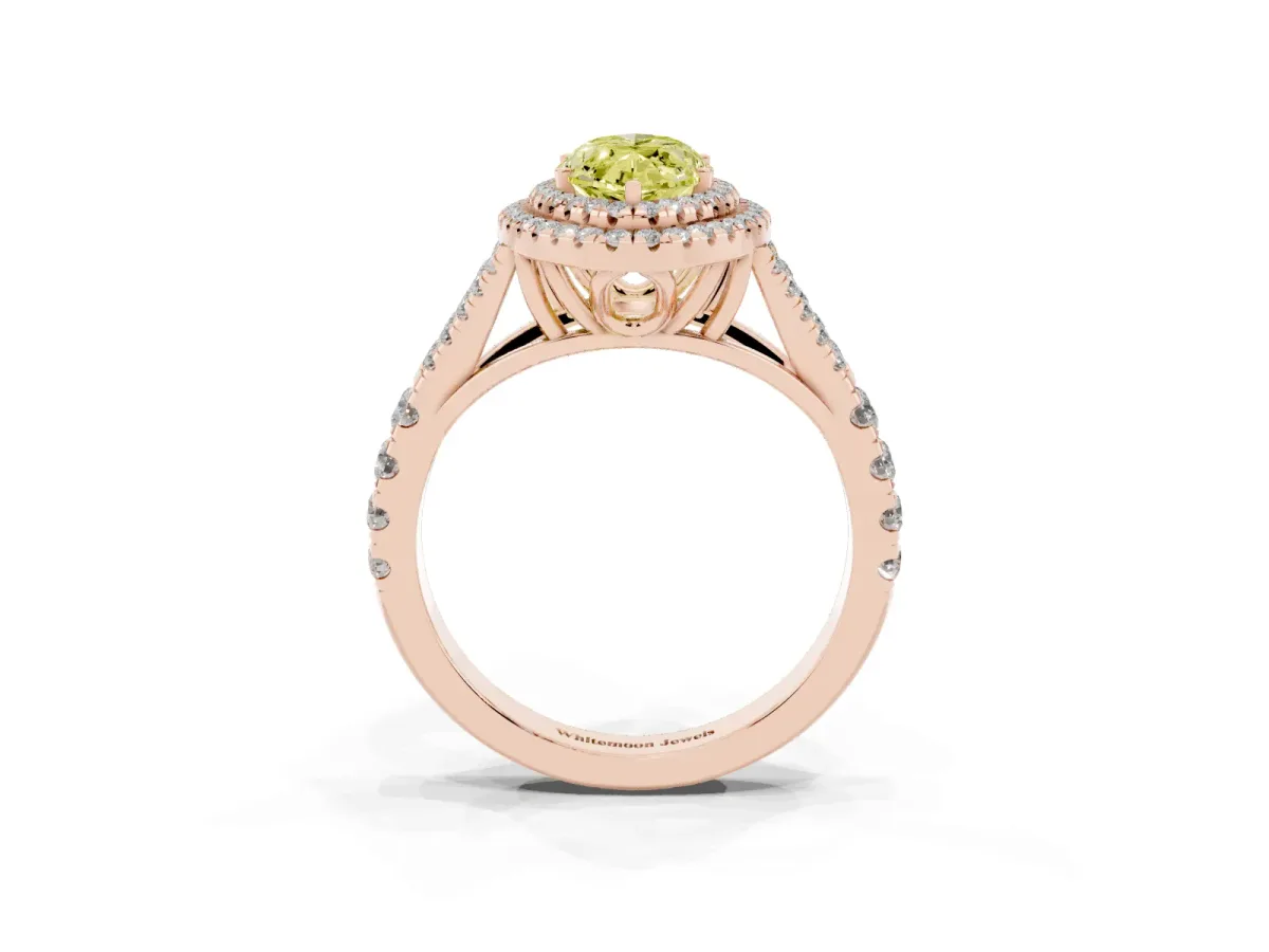 Fancy Yellow Marquise Cut Diamond Pavé Split Shank Double Halo Engagement Ring Rose gold