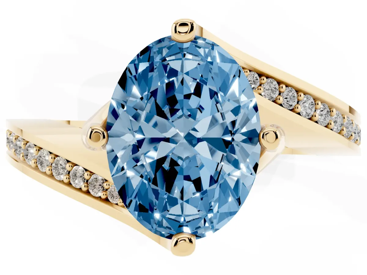 Fancy Blue Oval Cut Solitaire Diamond Twist Band with Pavé Setting and Four-Prong Setting Yellow gold