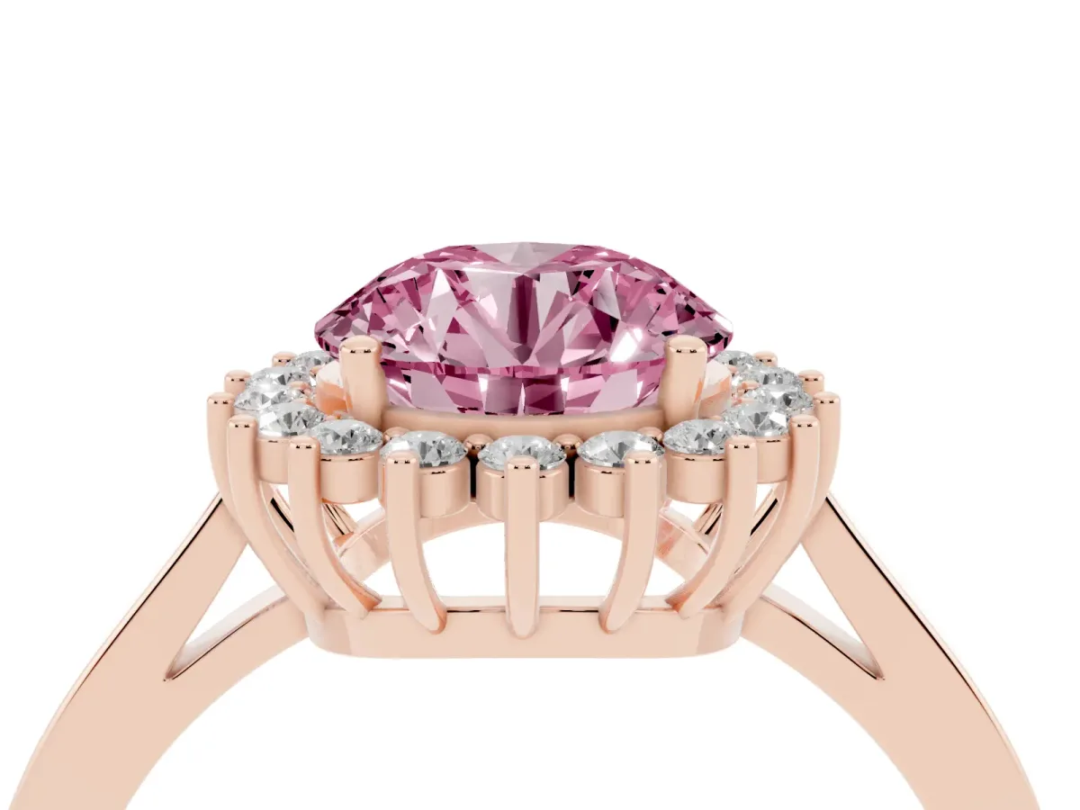 Fancy Pink Round Cut Cut Diamond Halo Ring with Round Brilliant Halo and Solitaire Band Rose gold