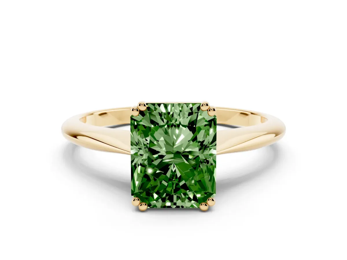Fancy Green Radiant Cut Solitaire Diamond Ring with Six-Prong Setting and Classic Band Yellow gold