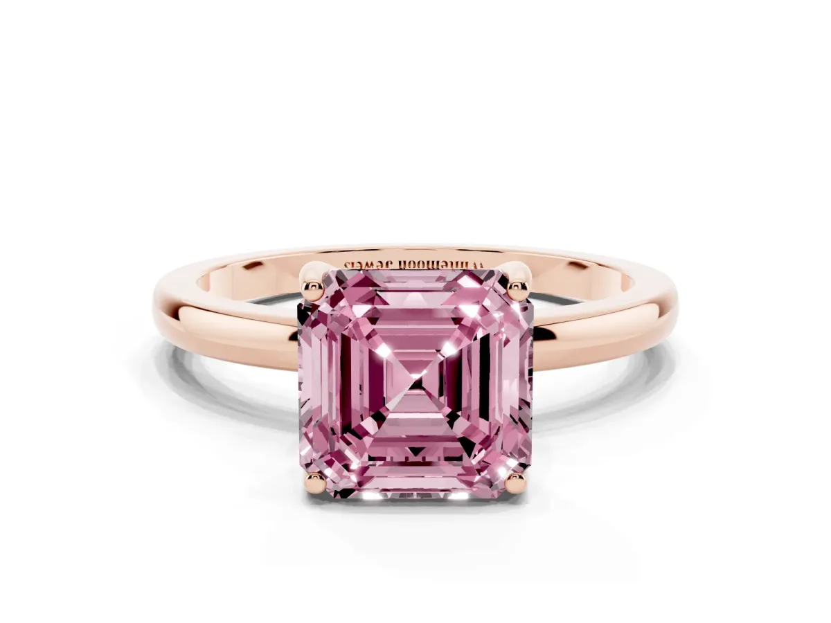 Fancy Pink Asscher Cut Solitaire Diamond Ring with Prong Setting and Plain Band Rose gold