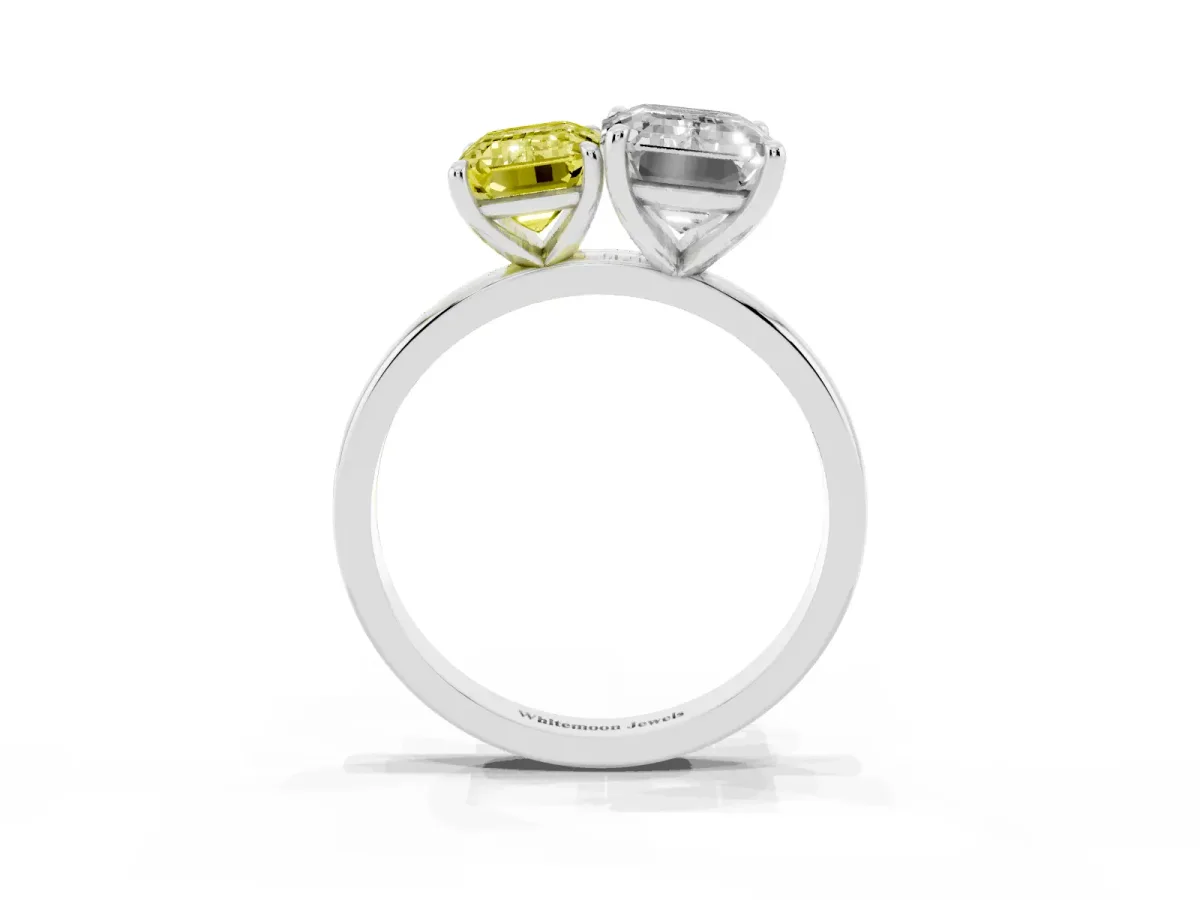 Fancy Yellow Emerald Cut and Emerald Cut Toi Moi Ring with Prong Setting Silver