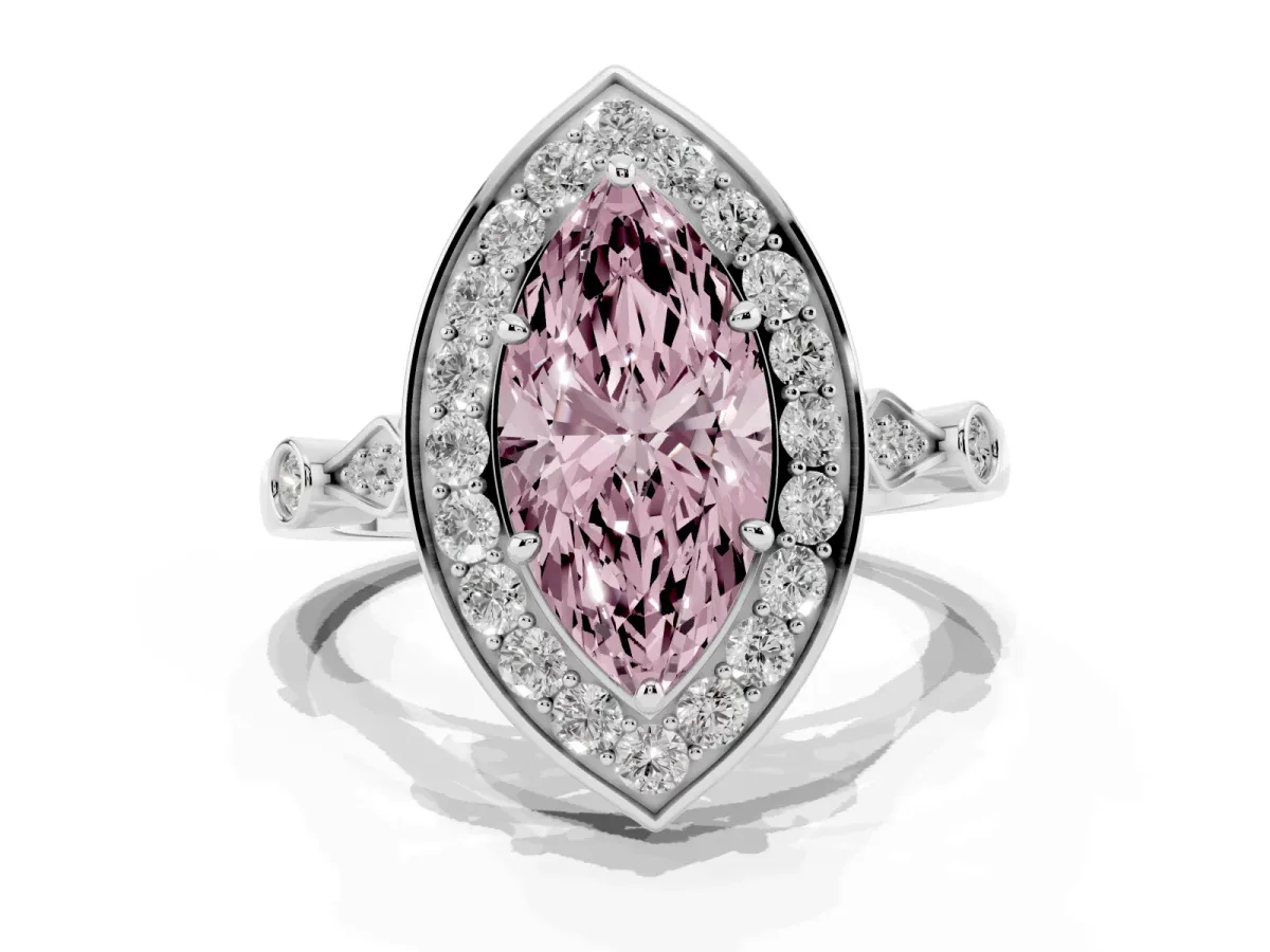 Fancy Pink Marquise Cut Halo Diamond Engagement Ring with Twisted Band and Four-Prong Setting Platinum