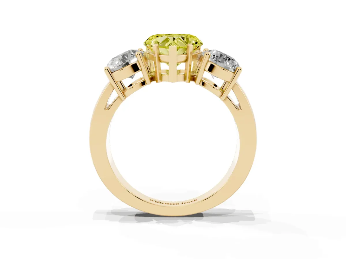 Fancy Yellow Three-Stone Heart Cut Diamond Ring with Round Side Stones, Classic Band, and Four-Prong Setting Yellow gold