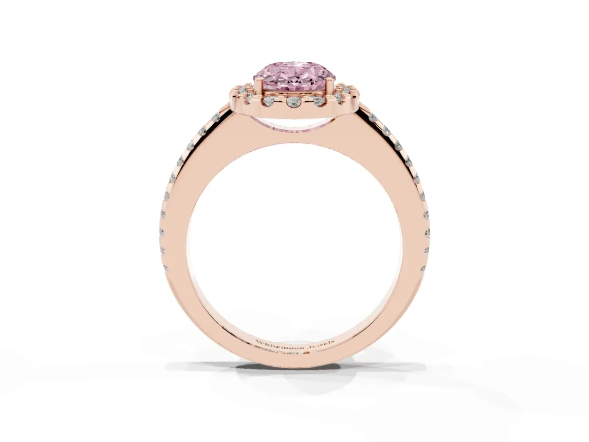 Fancy Pink Oval Cut Diamond Pavé Halo Ring with Four-Prong Setting Rose gold