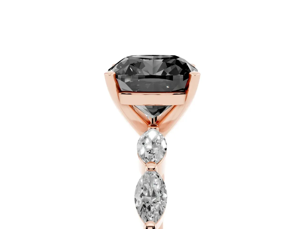 Fancy Black Cushion Cut Diamond Ring with Marquise Side Stones and Prong Setting Rose gold