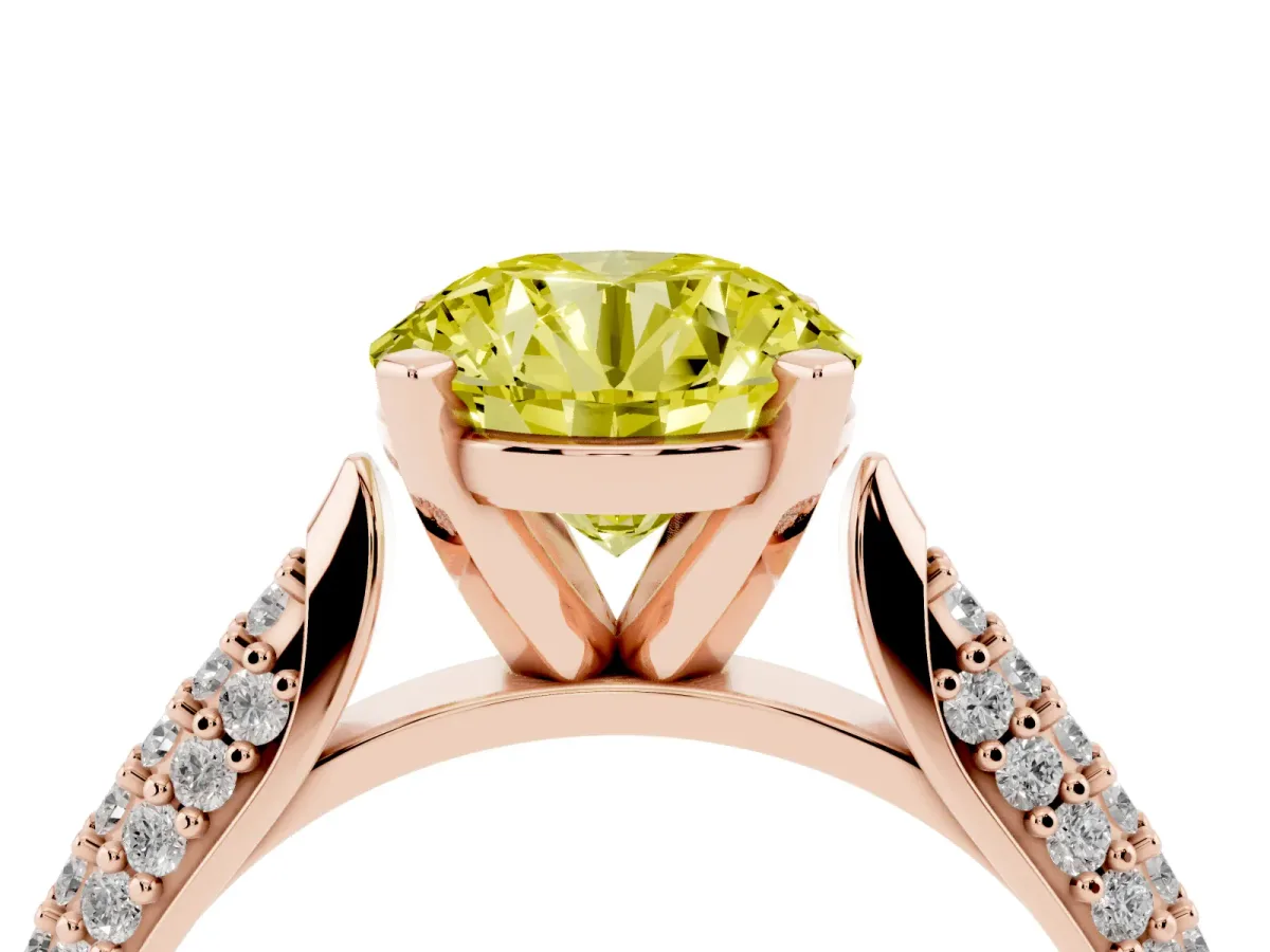 Fancy Yellow Round Cut Diamond Solitaire Engagement Ring with Multi-Row Round Pavé Band and Prong Setting Rose gold