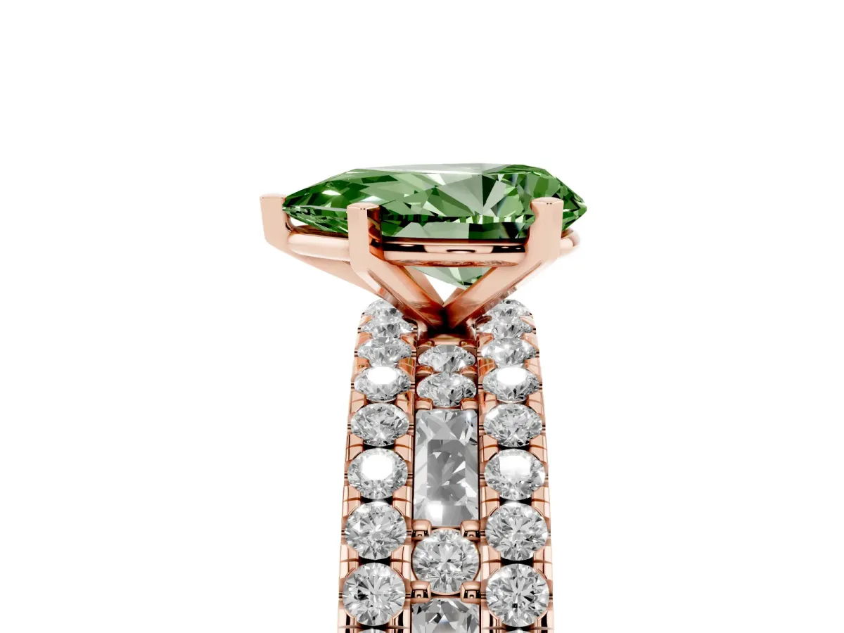 Fancy Green Pear Cut Diamond Solitaire Ring with Pavé and Channel Set Band Rose gold