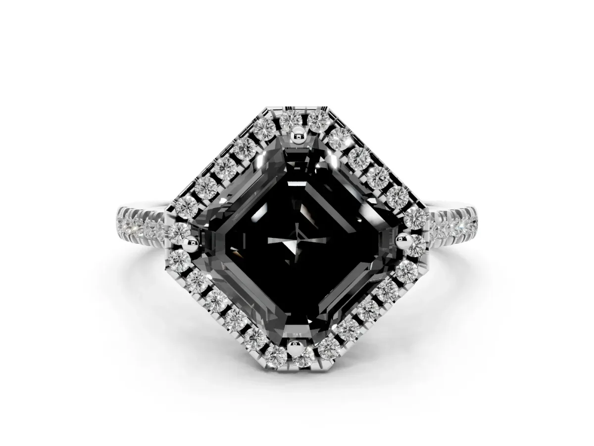 Fancy Black Asscher Cut Diamond Cushion Halo Ring with Pavé Band Platinum