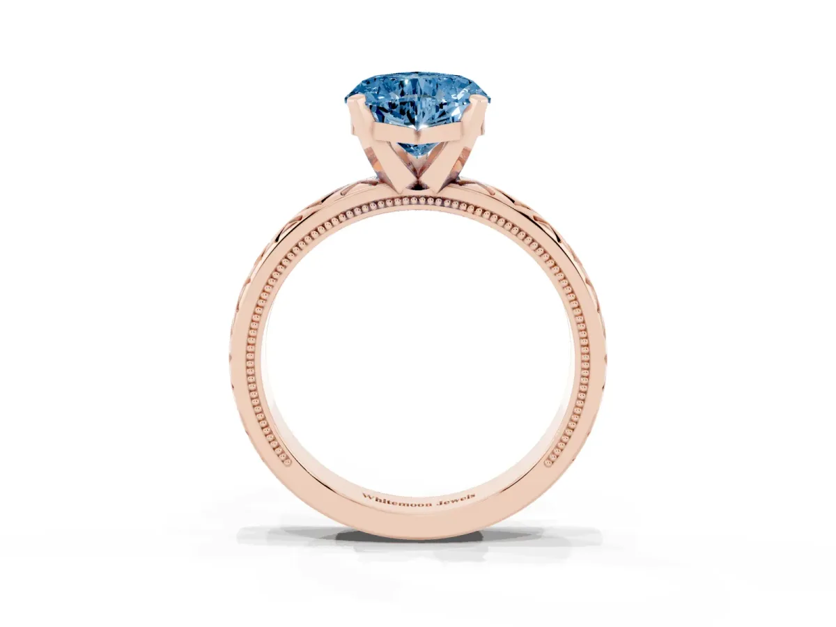 Fancy Blue Heart Cut Solitaire Diamond Ring with Milgrain and Black Enamel X Pattern Band Rose gold