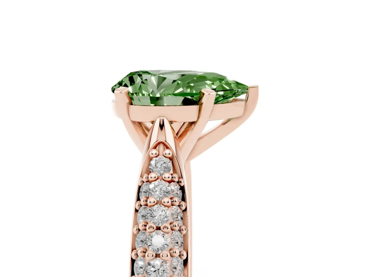 Fancy Green Pear Cut Diamond Solitaire Engagement Ring with Multi-Row Round Pavé Band and Prong Setting Rose gold