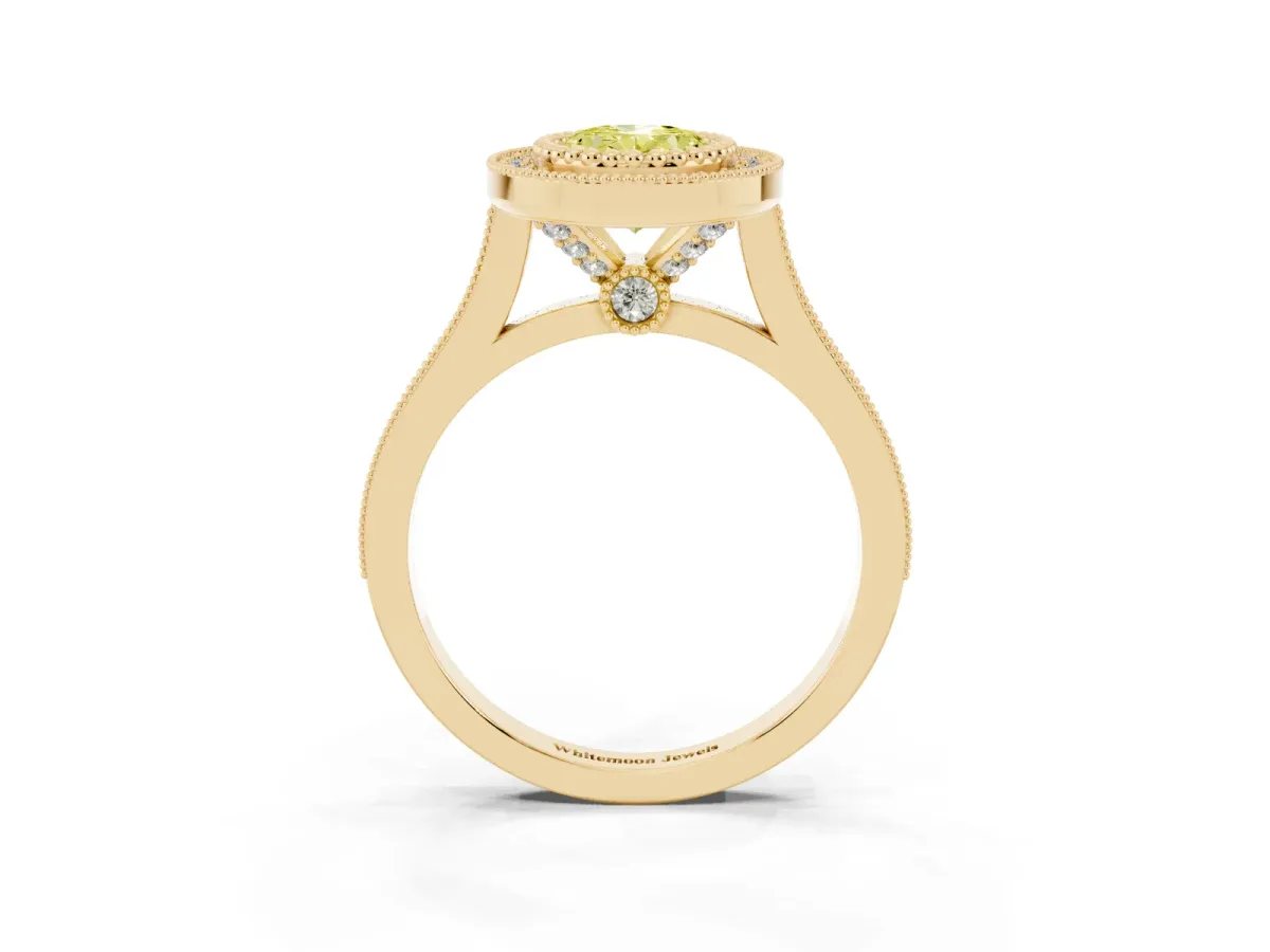 Fancy Yellow Oval Cut Diamond Halo Ring with Milgrain Frame and Pavé Band Yellow gold
