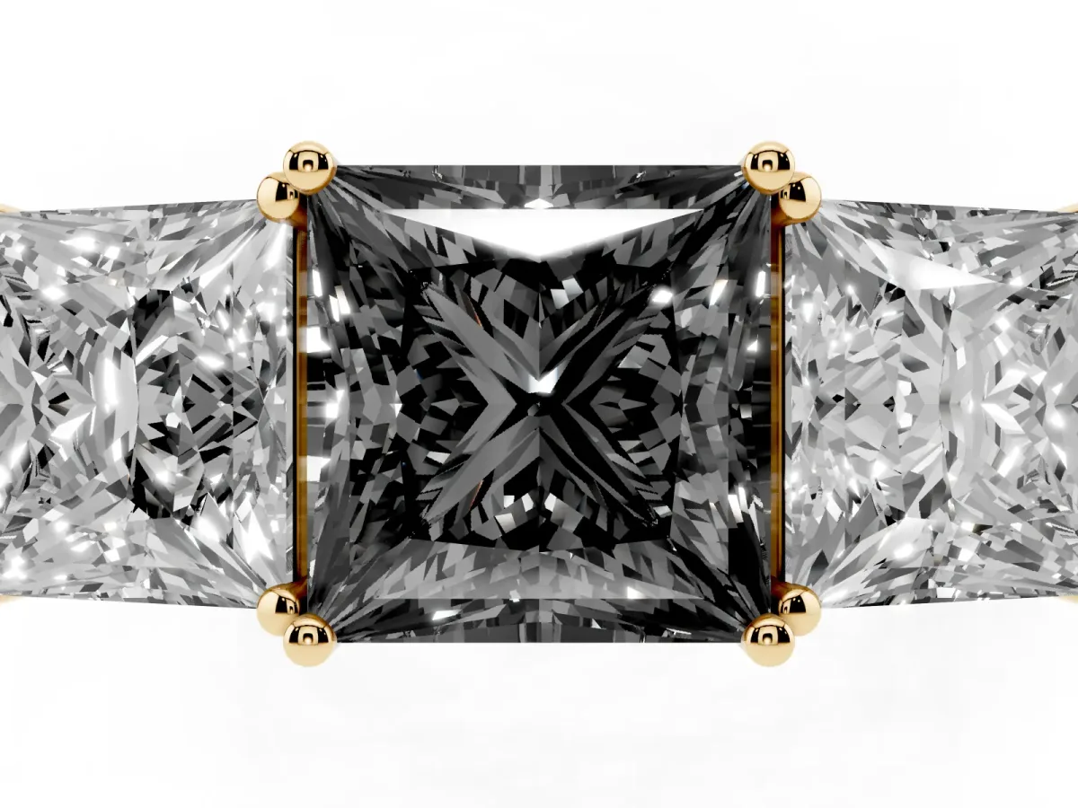 Fancy Black Princess Cut Diamond Three-Stone Ring with Prong Setting and Textured Band Yellow gold