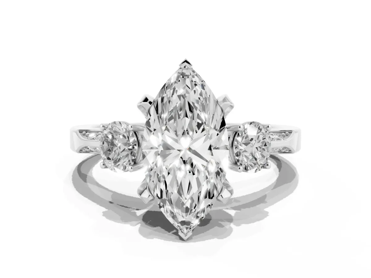Marquise Cut Brilliant Three-Stone Diamond Ring with Pavé Band and Four-Prong Setting Silver