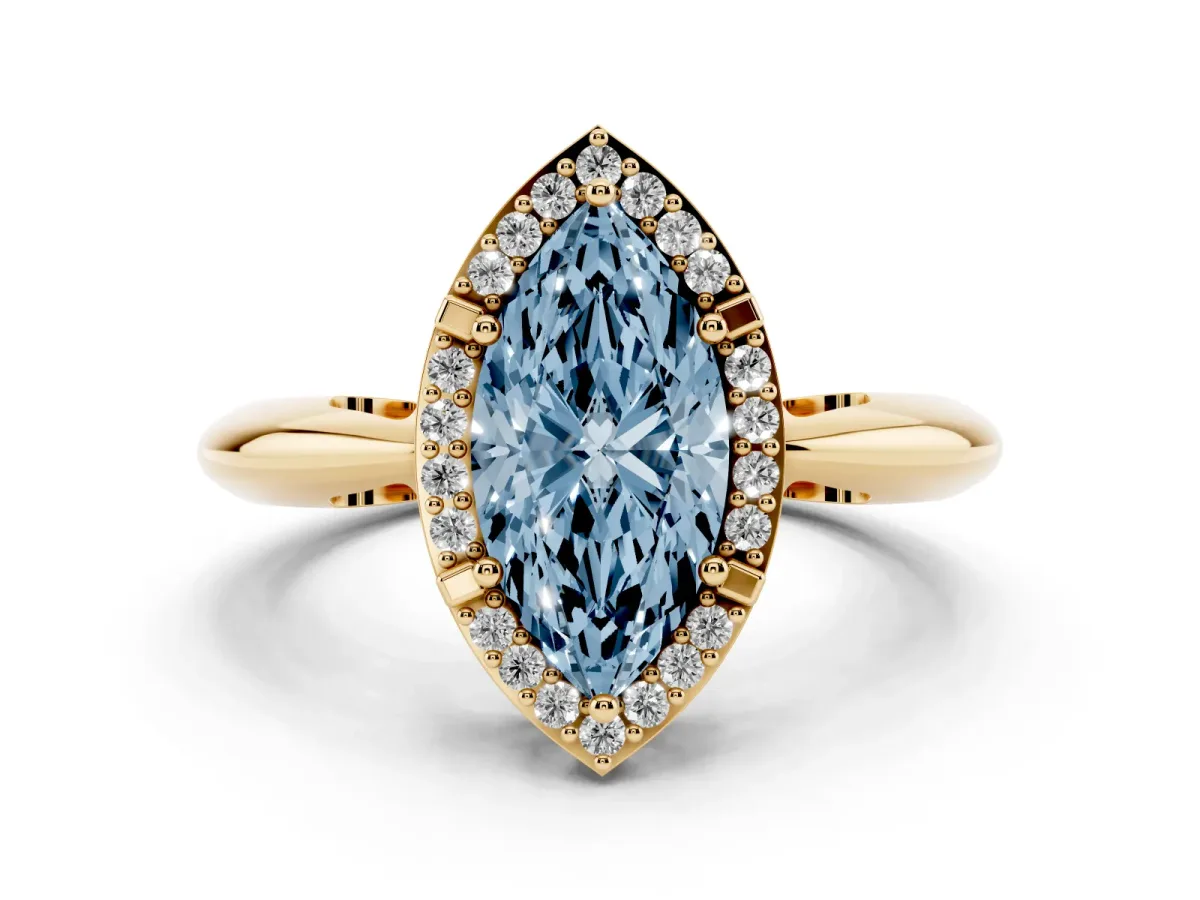 Fancy Blue Marquise Cut Cut Diamond Halo Engagement Ring with Split Shank and Four-Prong Setting Yellow gold