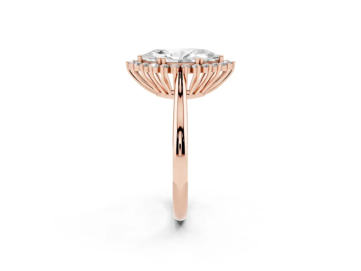 Marquise Cut Cut Diamond Halo Ring with Solitaire Band and Prong Setting Rose gold