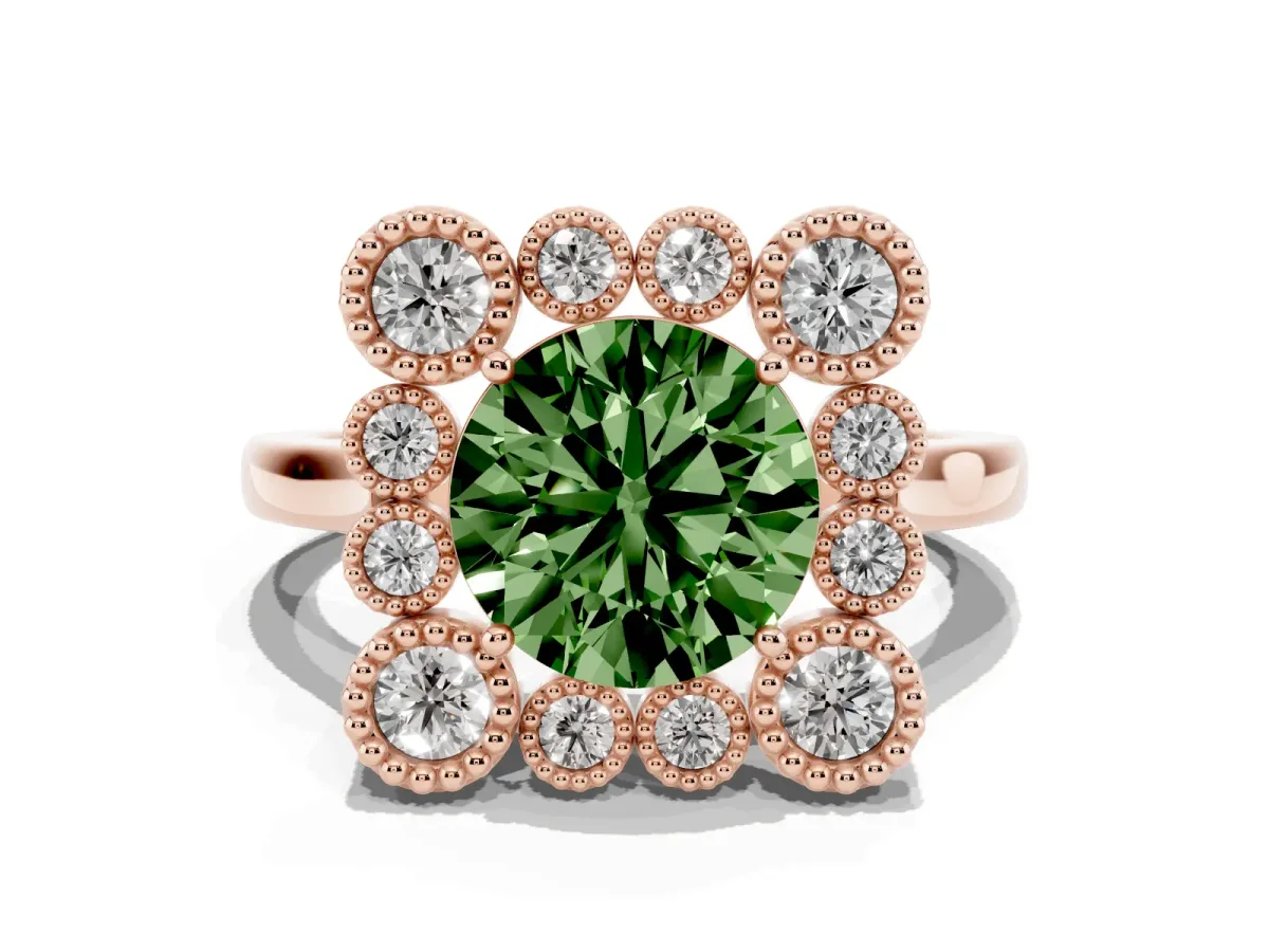 Fancy Green Round Cut Halo Diamond Cluster Engagement Ring with Milgrain Bezel Setting and Solitaire Band Rose gold