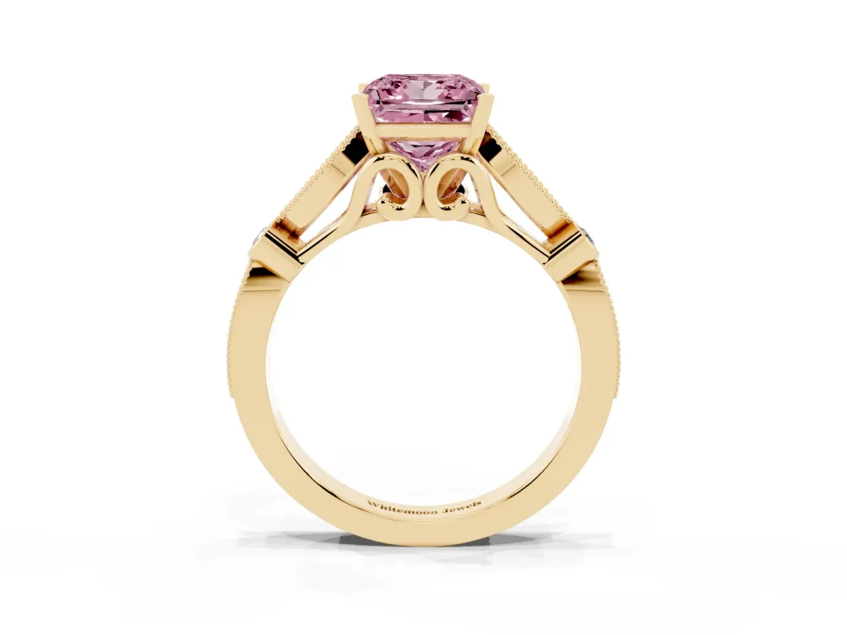 Fancy Pink Princess Cut Cut Diamond with Milgrain Marquise and Bezel Accents on a Solitaire Band with Prong Setting Yellow gold