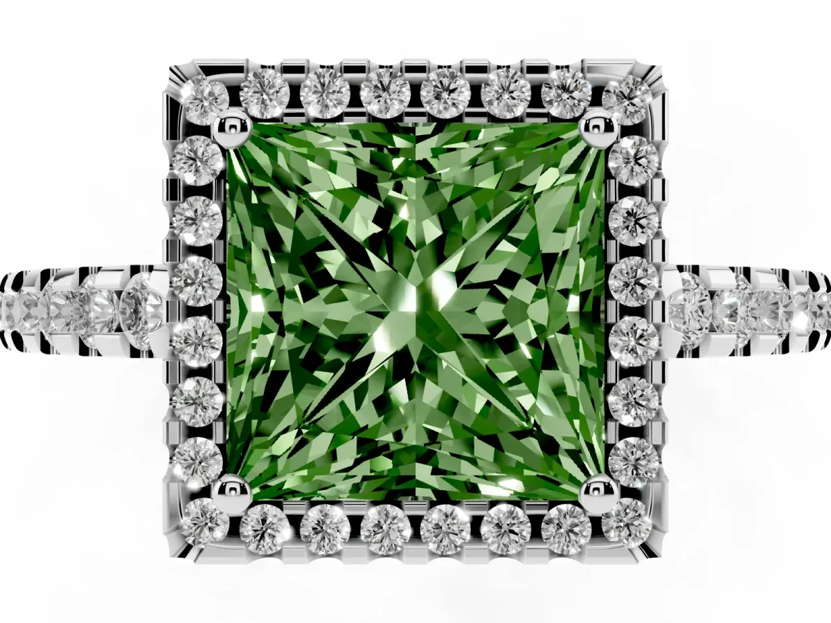 Fancy Green Princess Cut Diamond Halo Engagement Ring with Pavé Band and Prong Setting White gold