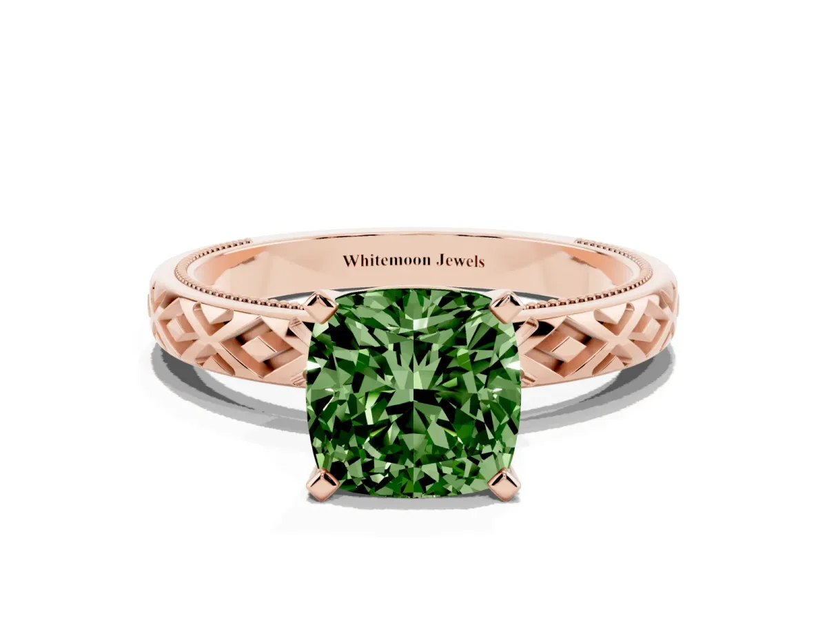 Fancy Green Cushion Cut Solitaire Diamond Ring with Milgrain and Black Enamel X Pattern Band Rose gold