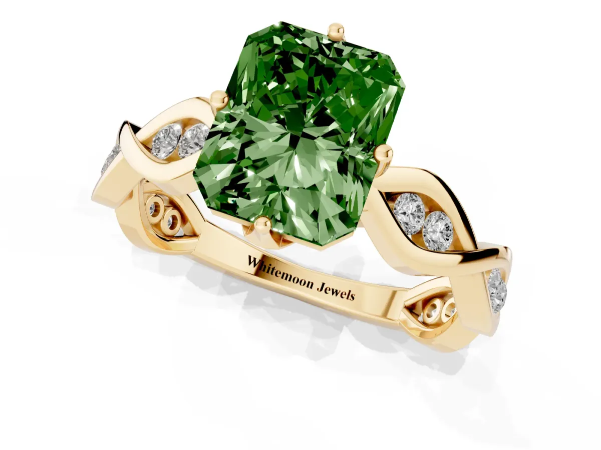 Fancy Green Radiant Cut Solitaire Twist Band with Leaf Prong Setting Yellow gold