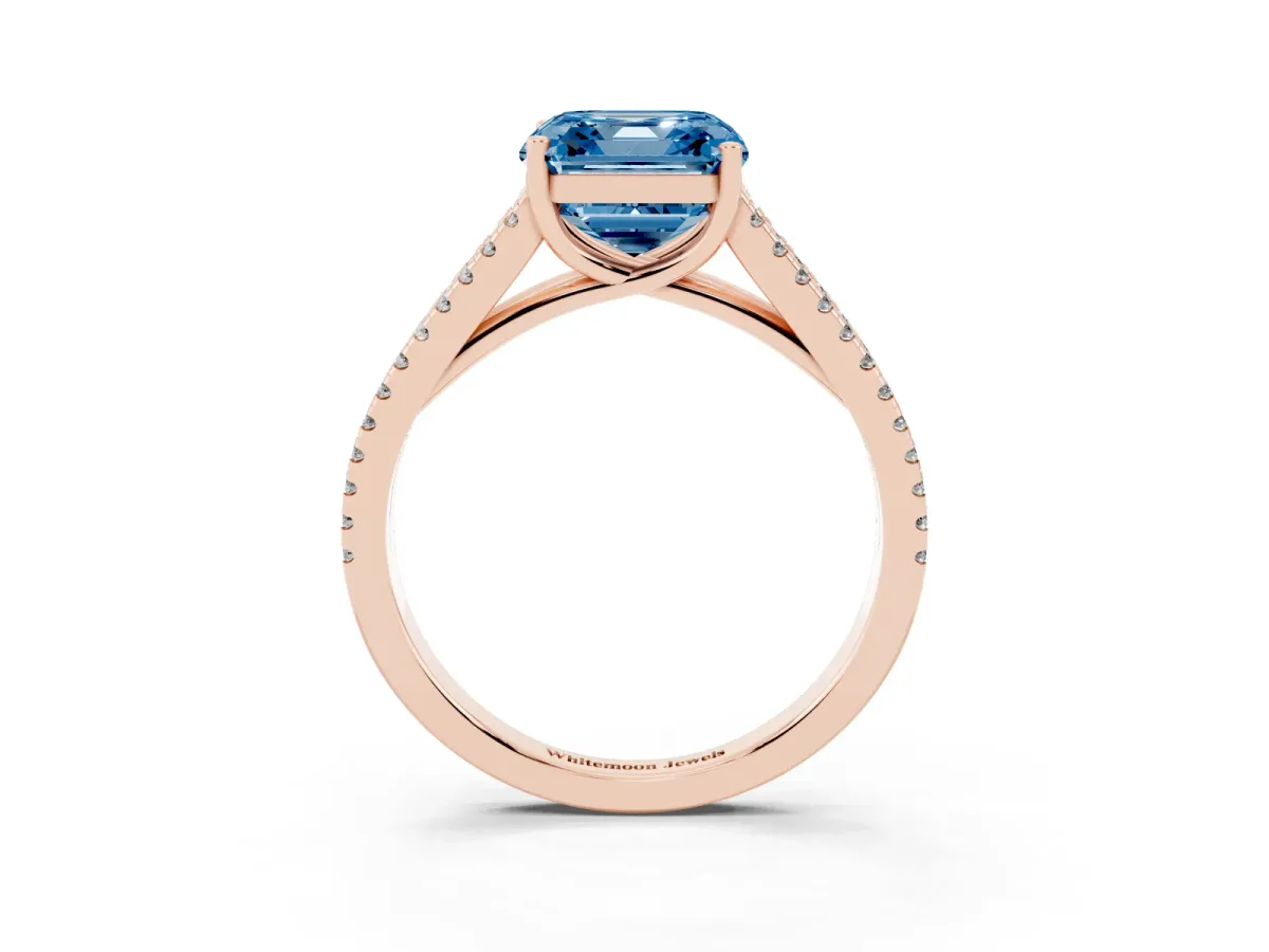 Fancy Blue Asscher Cut Diamond Solitaire Engagement Ring with Split Shank Pavé Band Rose gold