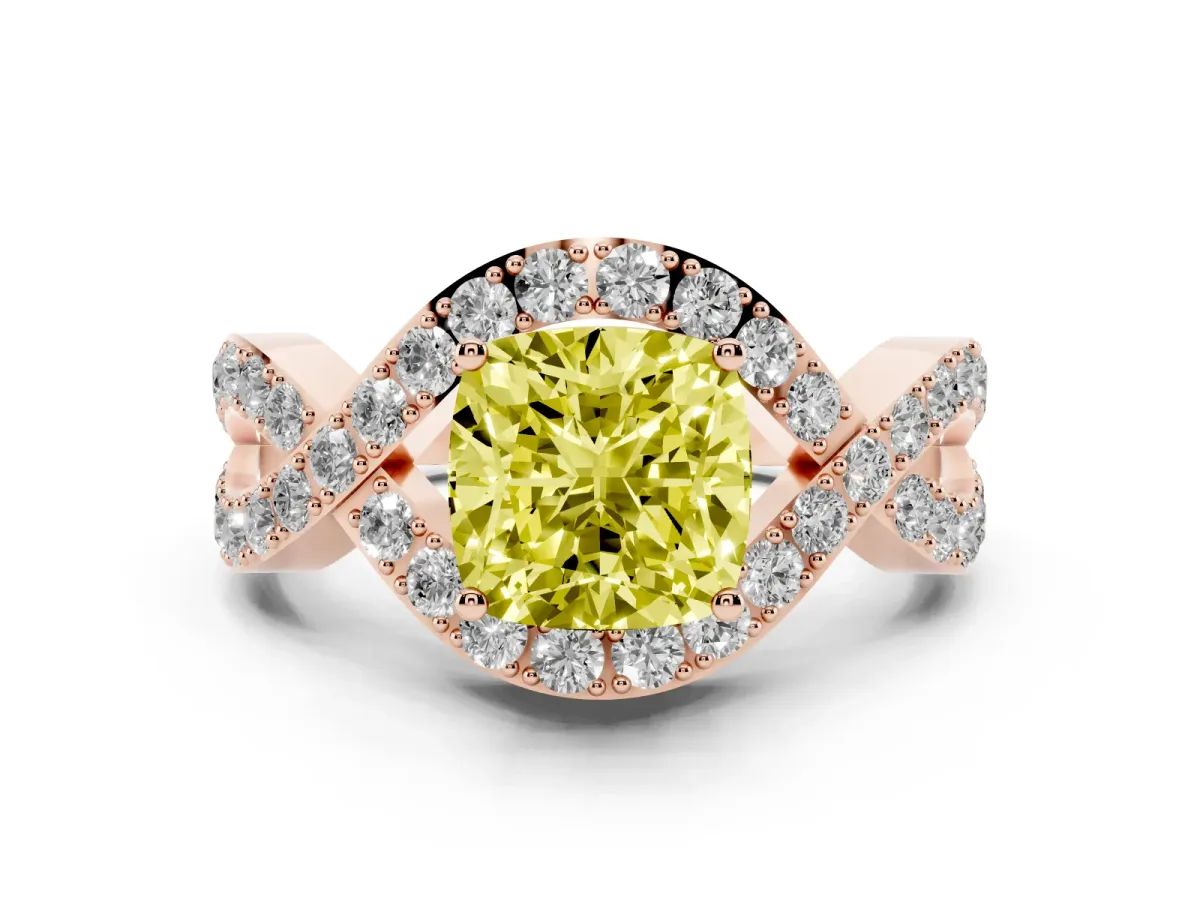 Fancy Yellow Cushion Cut Solitaire Twist Band Pavé Diamond Engagement Ring Rose gold