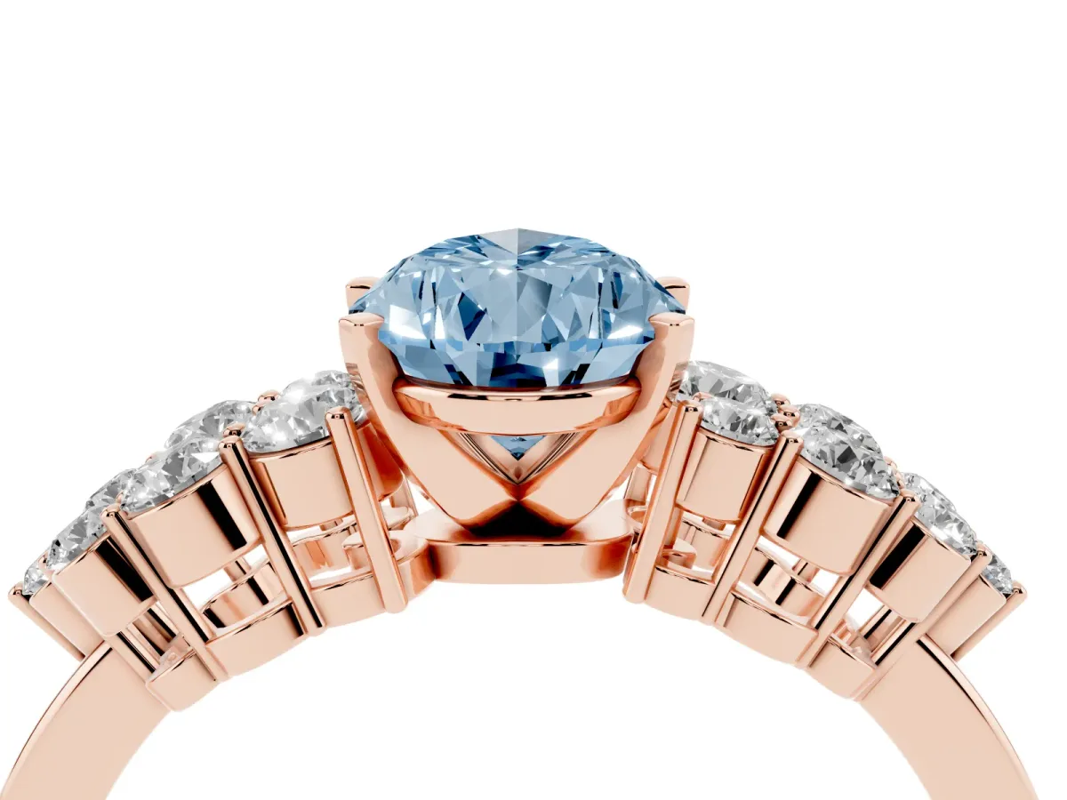 Fancy Blue Pear Cut Cluster Diamond Engagement Ring with Pavé Band and Four-Prong Setting Rose gold