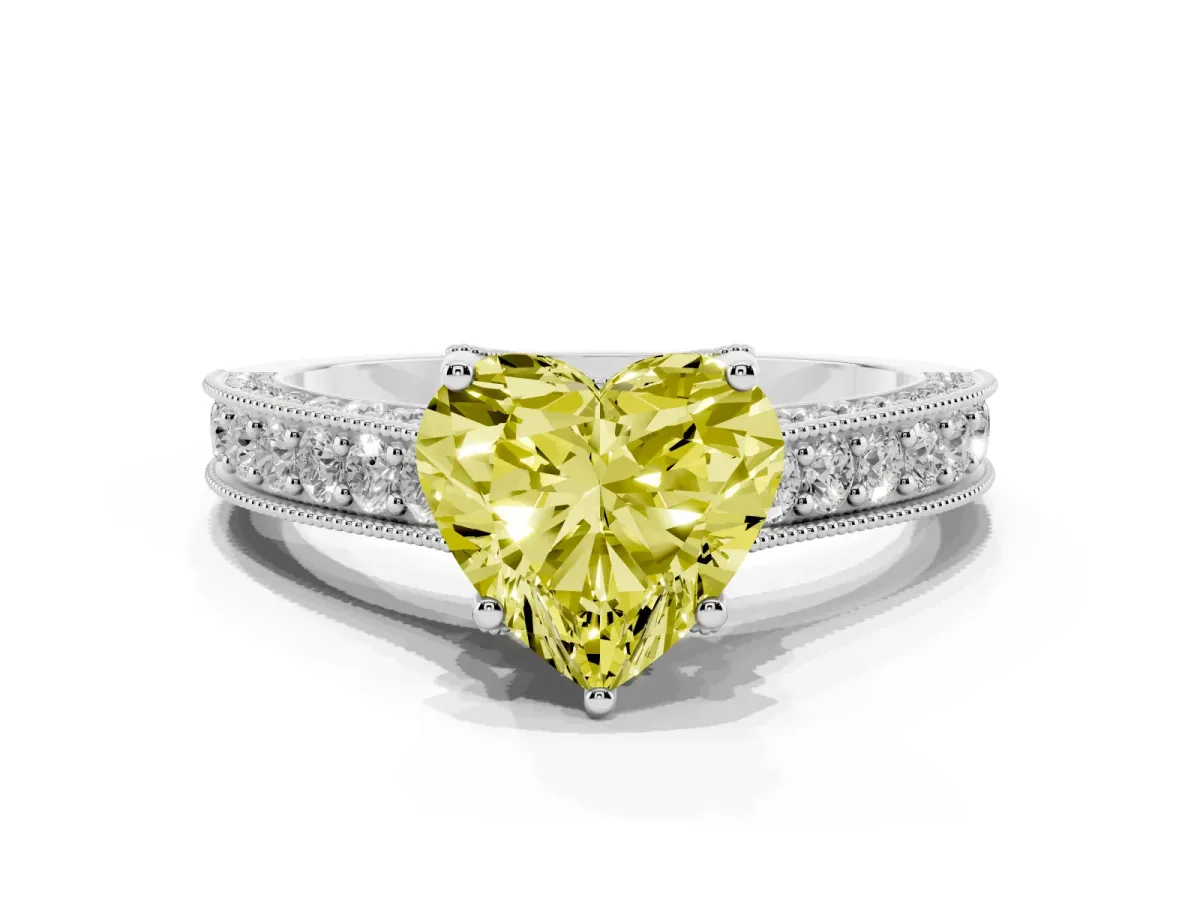 Fancy Yellow Heart Cut Cut Diamond Solitaire Ring with Milgrain Pave Band and Four Prong Setting Silver
