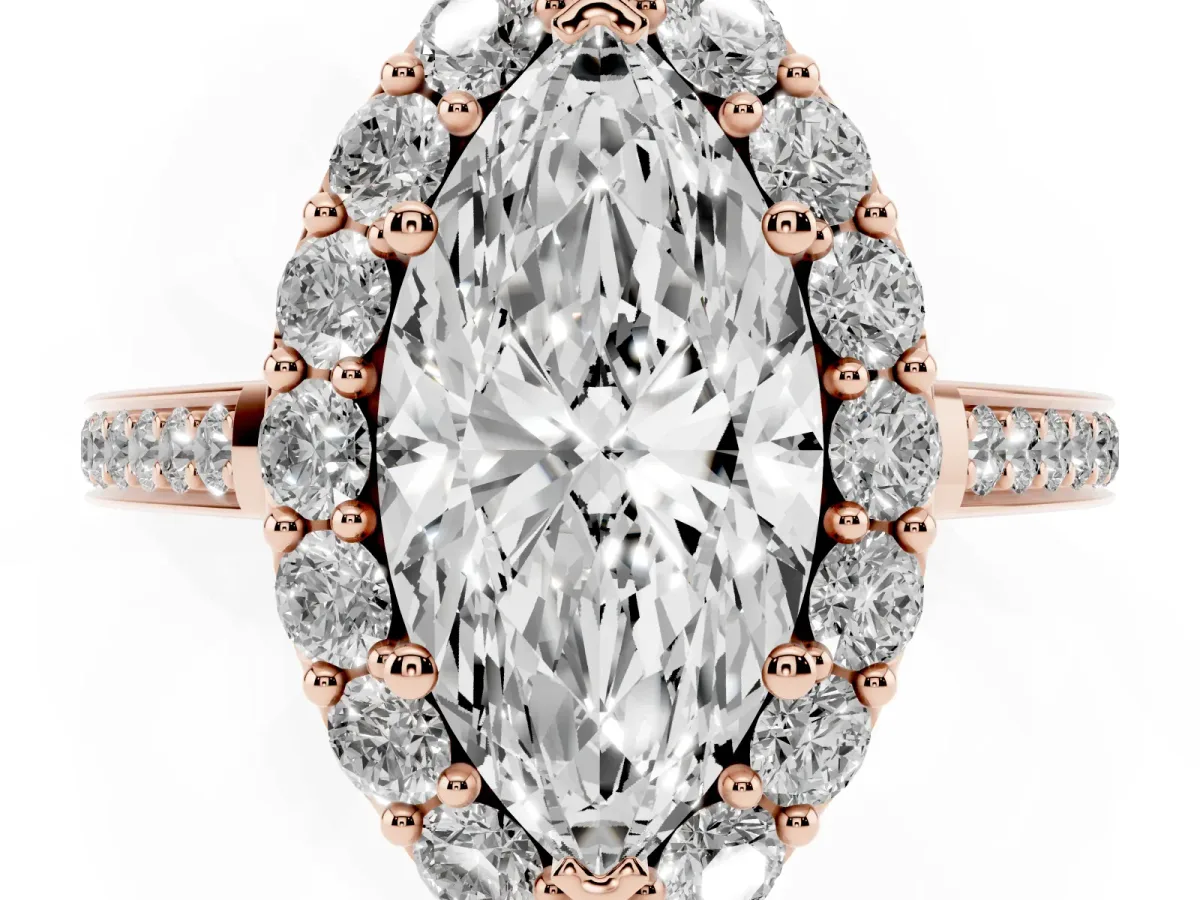 Marquise Cut Diamond Floral Halo Ring with Pavé Band and Prong Setting Rose gold