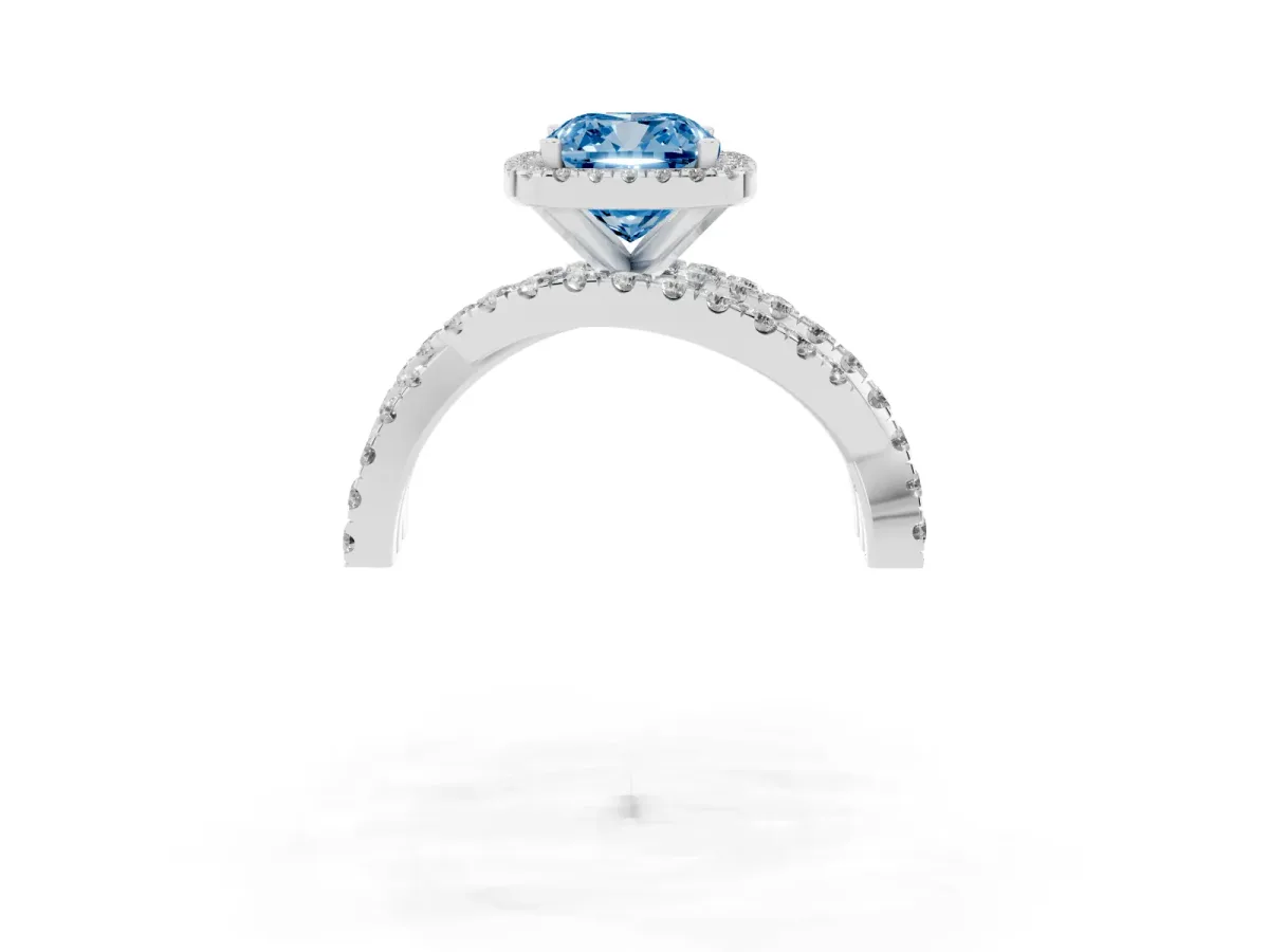 Fancy Blue Cushion Cut Diamond Halo Ring with Round Split Shank and Prong Setting Platinum
