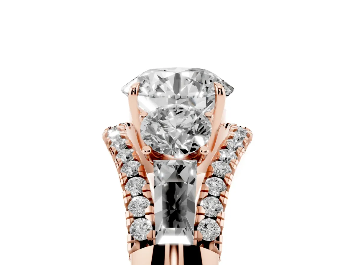 Three-Stone Round Cut Diamond Engagement Ring with Pave Band and Prong Setting Rose gold