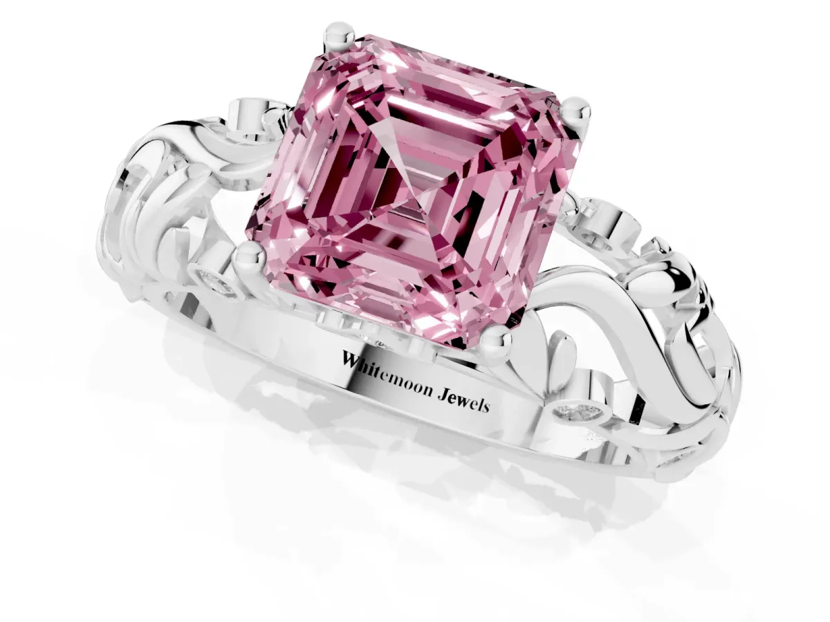 Fancy Pink Asscher Cut Solitaire Diamond Leaf-Inspired Vine Band Ring with Prong Setting Silver