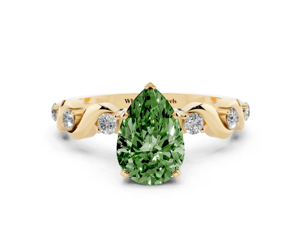 Fancy Green Pear Cut Diamond Solitaire Twisted Band with Round Accents and Prong Setting Yellow gold