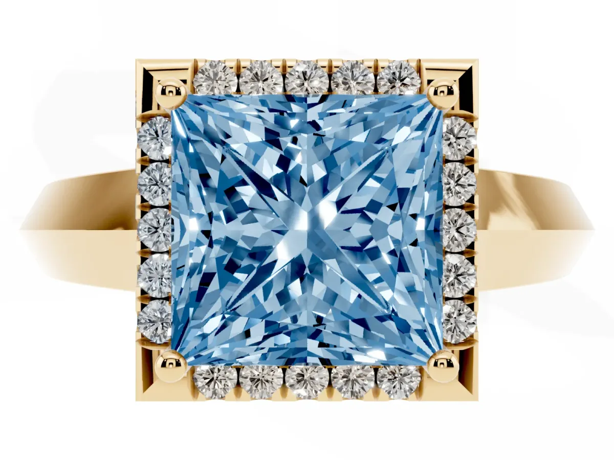 Fancy Blue Princess Cut Halo Diamond Ring with Cathedral Band and Four-Prong Setting Yellow gold
