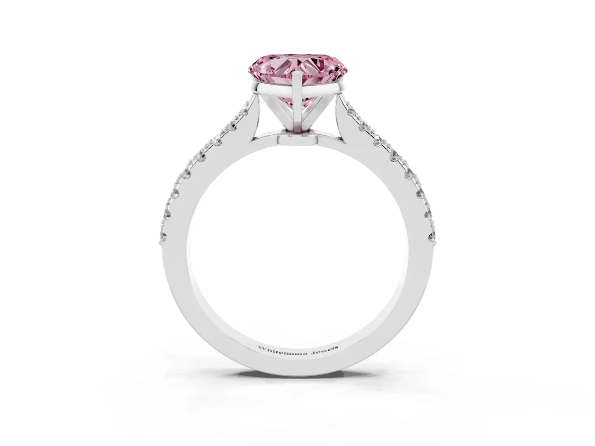 Fancy Pink Heart Cut Cut Solitaire Diamond Engagement Ring with Pave Band and Four-Prong Setting Platinum