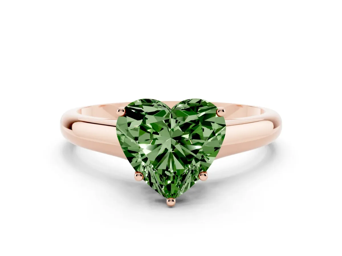 Fancy Green Heart Cut Cut Diamond Solitaire Engagement Ring with Tapered Plain Band and Four-Prong Setting Rose gold