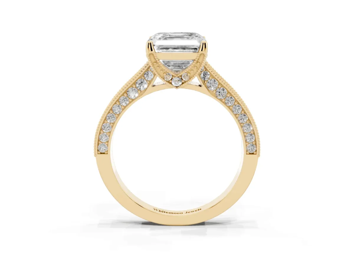 Asscher Cut Cut Diamond Solitaire Ring with Milgrain Pave Band and Four Prong Setting Yellow gold