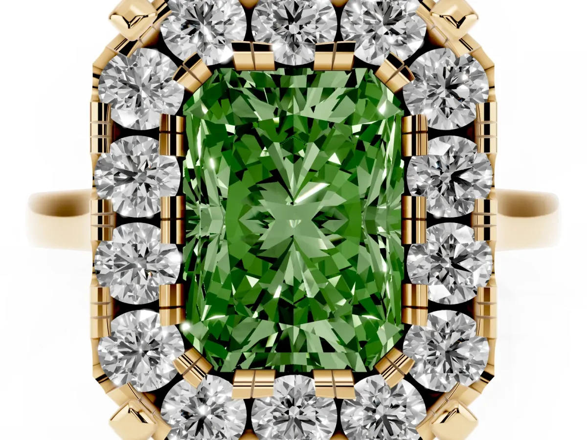 Fancy Green Radiant Cut Diamond Cluster Halo Solitaire with Four-Prong Setting Yellow gold