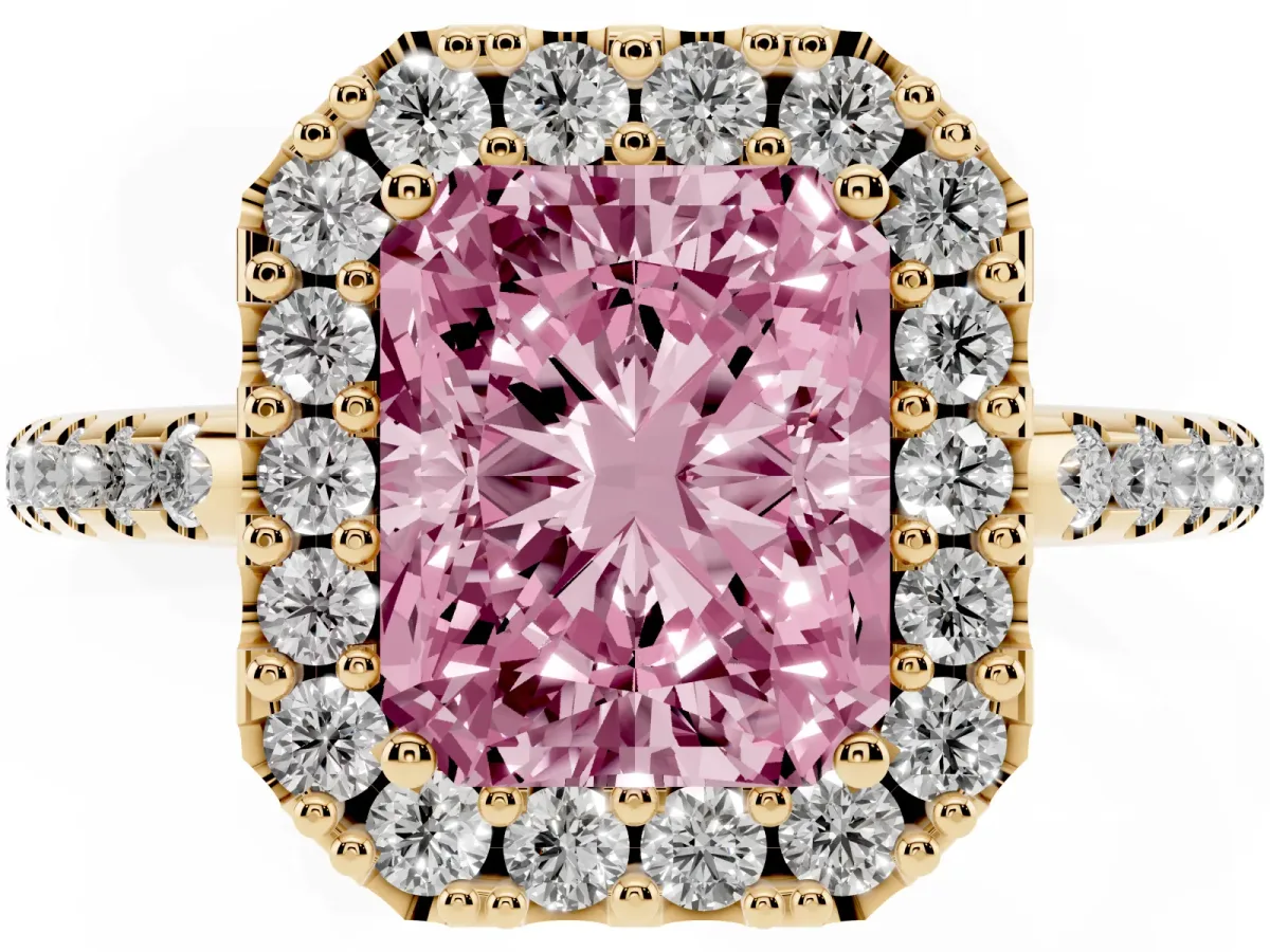 Fancy Pink Radiant Cut Diamond Pavé Halo Ring with Four-Prong Setting Yellow gold