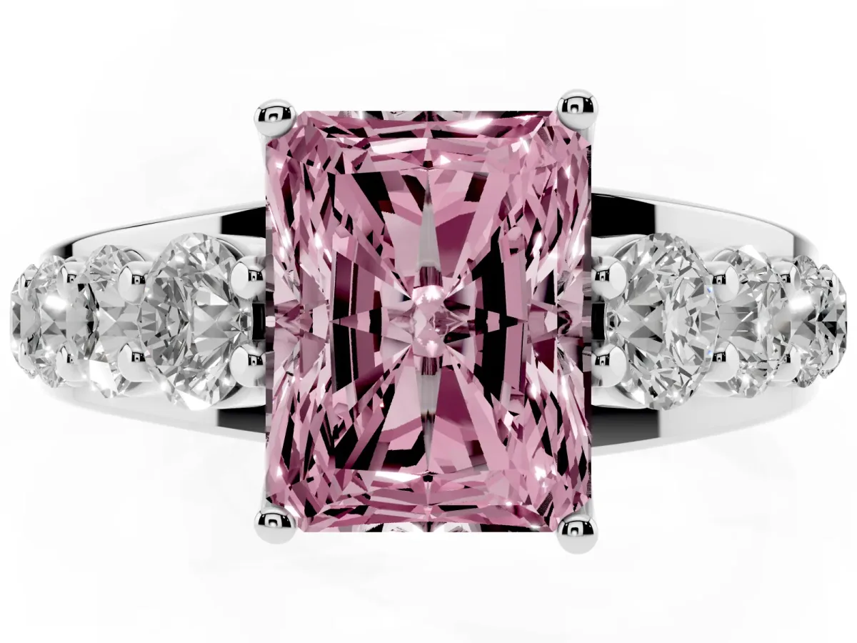 Fancy Pink Radiant Cut Diamond Engagement Ring with Pavé Band and Four-Prong Setting Platinum