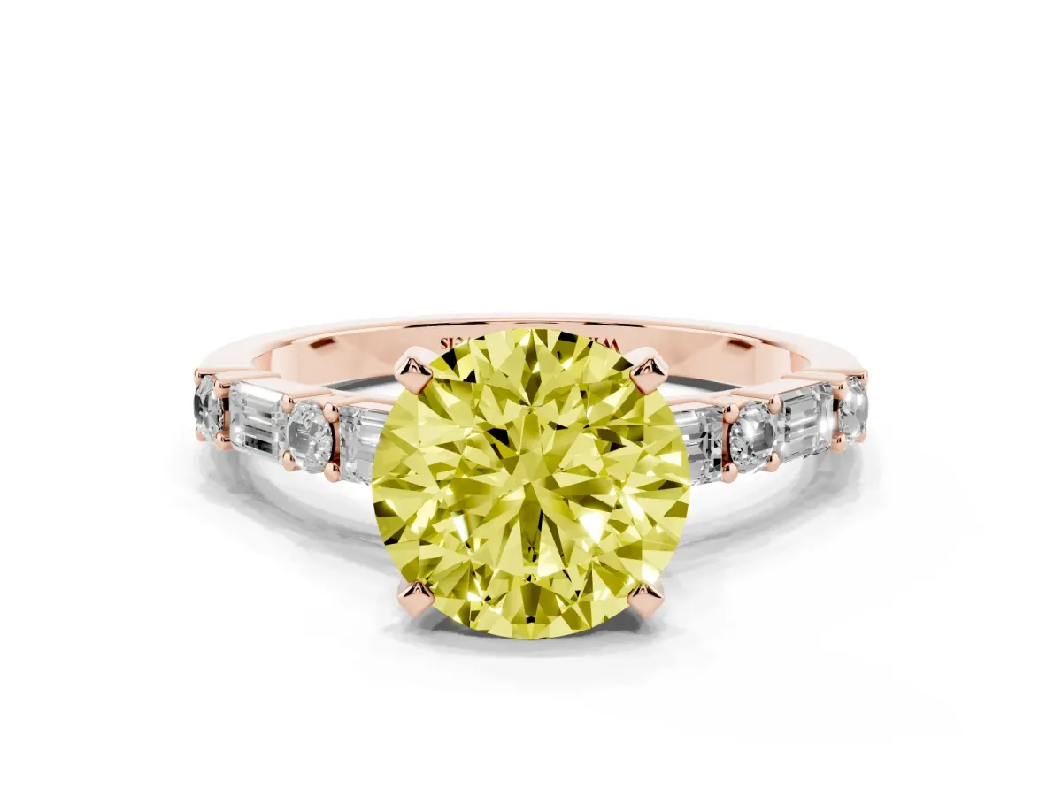 Fancy Yellow Round Cut Diamond Solitaire with Side Baguettes and Channel Set Band Rose gold