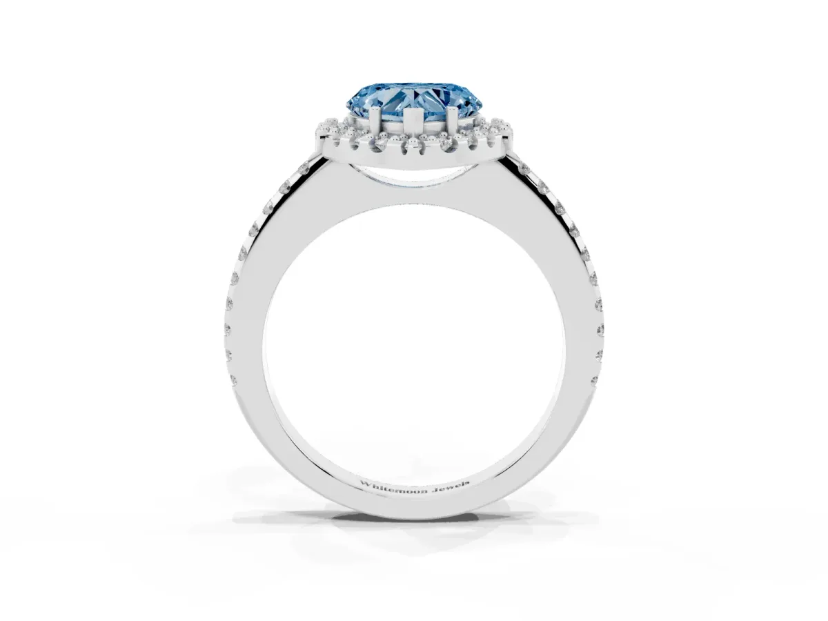 Fancy Blue Heart Cut Diamond Pavé Halo Ring with Four-Prong Setting Silver