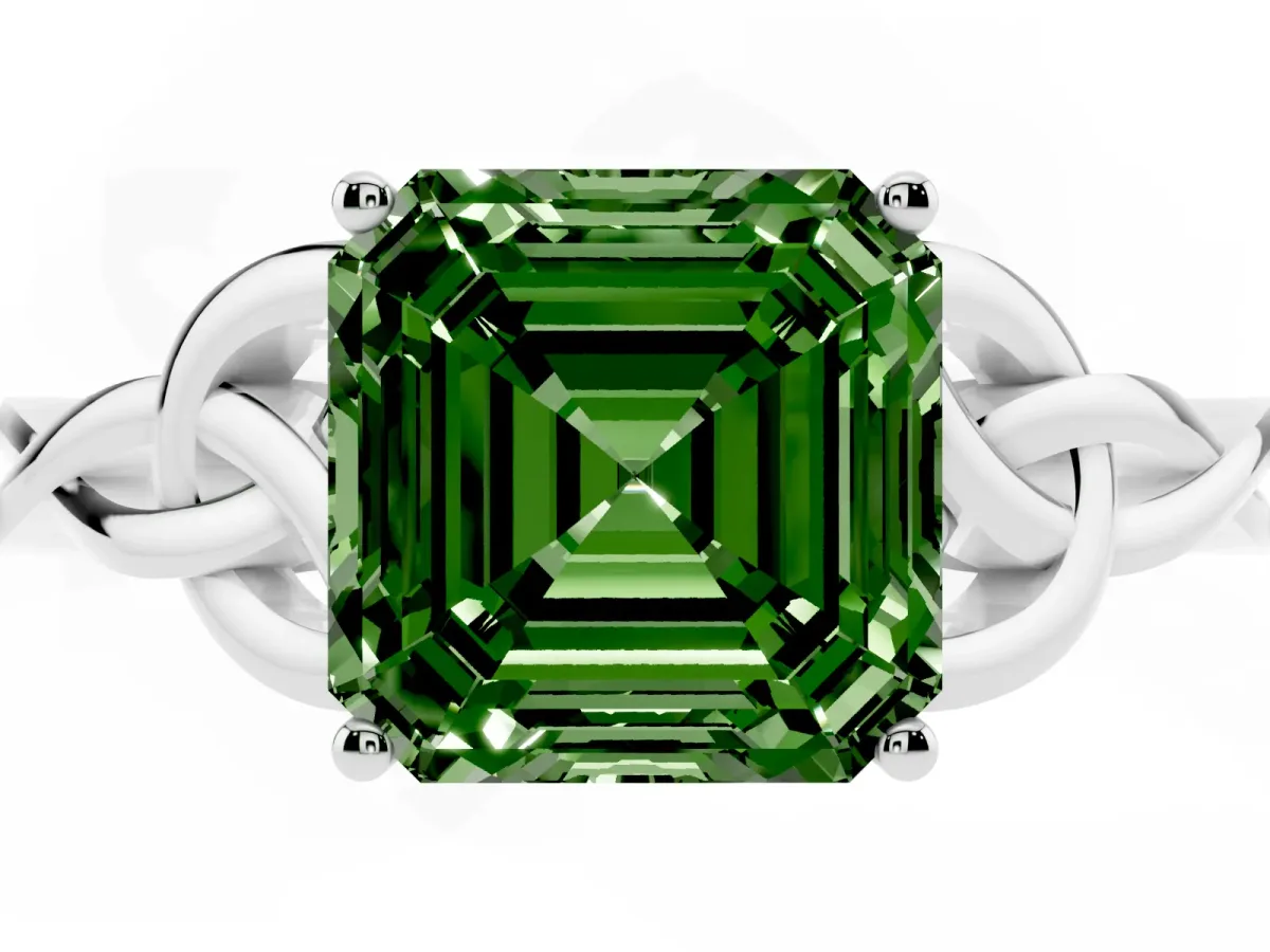 Fancy Green Asscher Cut Diamond Solitaire Engagement Ring with Celtic Knot Band and Four-Prong Setting Platinum