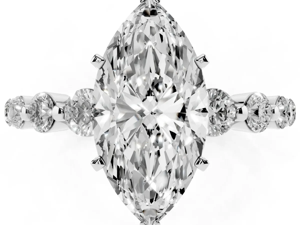 Marquise Cut Solitaire Diamond Ring with Pave Band and Four-Prong Setting Silver