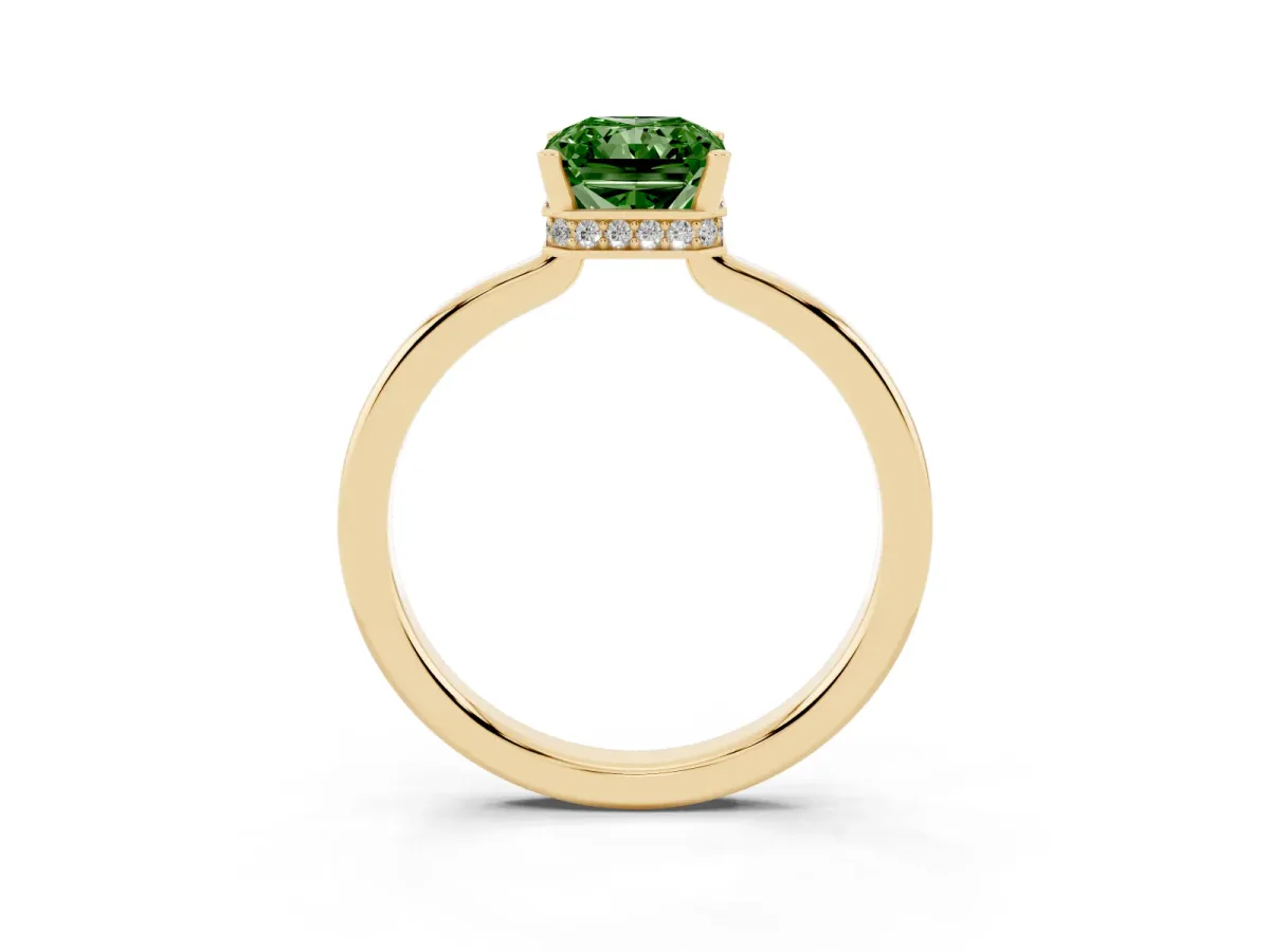 Fancy Green Radiant Cut Cut Solitaire Engagement Ring with Four-Prong Setting on a Classic Band Yellow gold