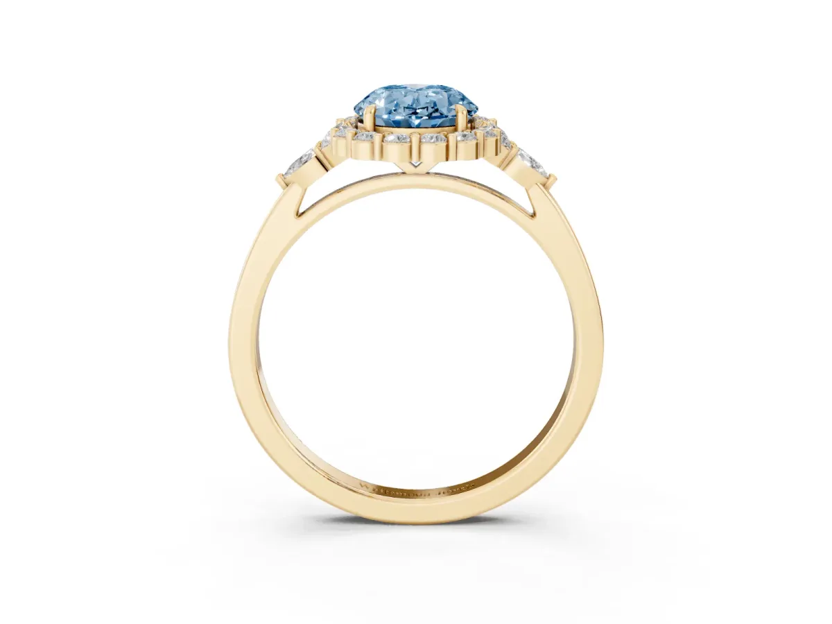 Fancy Blue Oval Cut Diamond Halo Ring with Pear Side Stones and Prong Setting Yellow gold