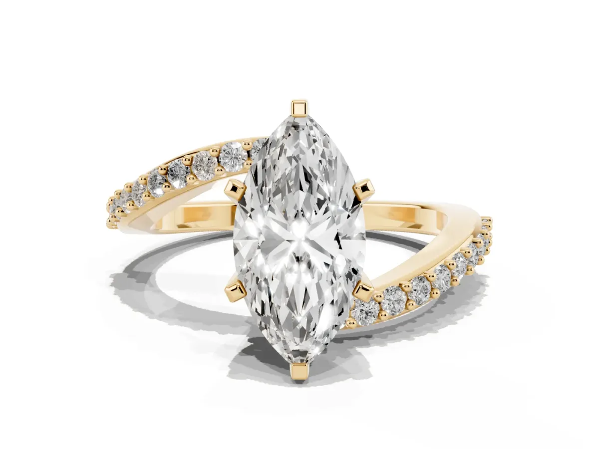 Marquise Cut Solitaire Twist Band with Pave Set Diamonds and Four-Prong Setting Yellow gold