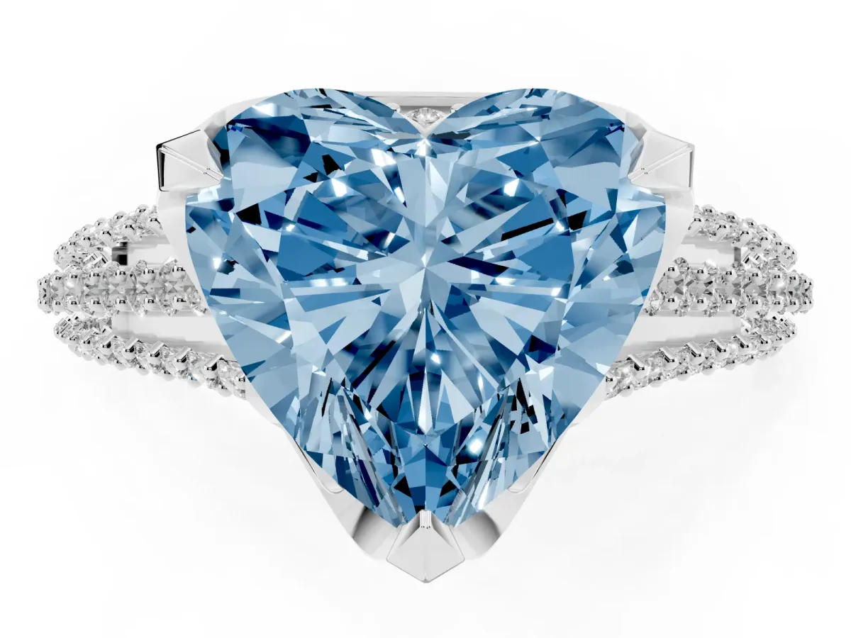 Fancy Blue Heart Cut Solitaire Pave Split Shank Ring with Four-Prong Setting White gold